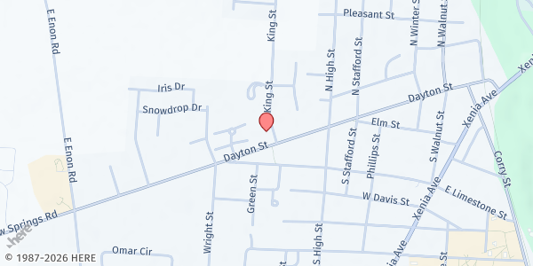 Map showing First Baptist Church at 600 Dayton St., Yellow Springs, OH