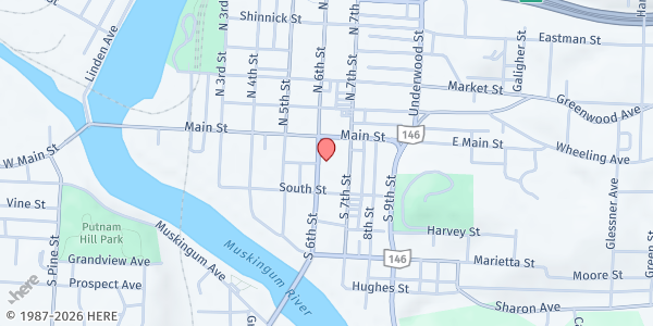 Map showing Christ's Table at 28 South 6th Street, Zanesville, OH