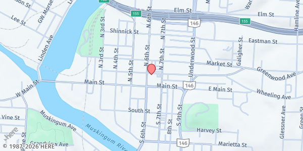 Map showing Fellowship of Christ Community Kitchen at 40 N 6TH ST, ZANESVILLE, OH