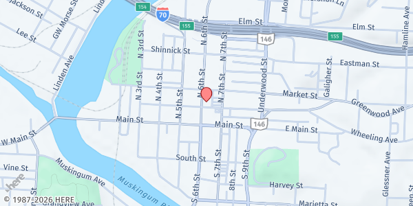 Map showing Fellowship of Christ's Community at 40 North 6th Street, Zanesville, OH