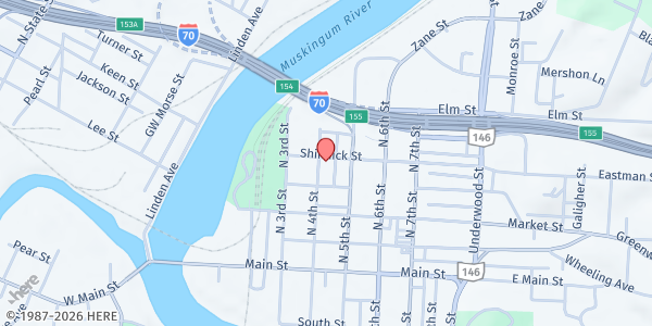 Map showing Muskingum County Senior Center Soup Kitchen at 160 North 4th Street, Zanesville, OH