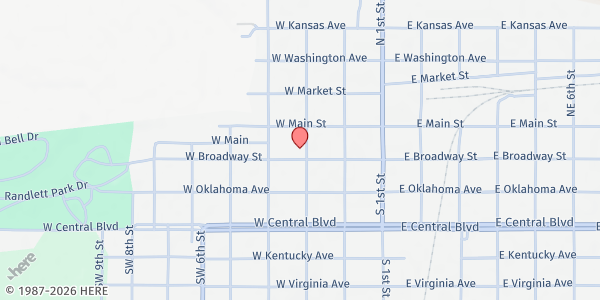 Map showing Oakridge Ministries at 301 W. Broadway St., Anadarko, OK