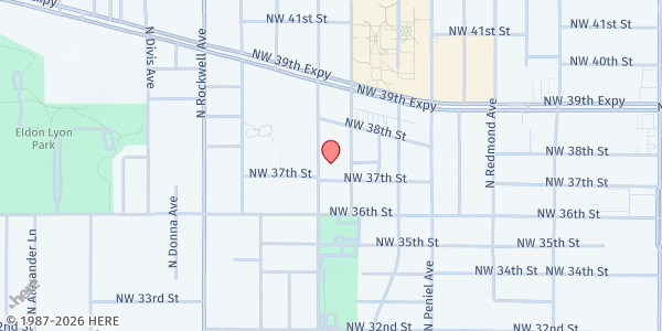 Map showing First Baptist Church of Bethany at 3800 N. Mueller Ave., Bethany, OK