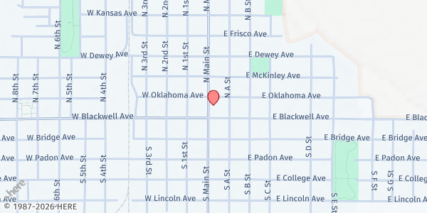 Map showing Wheatheart Nutrition of Blackwell at 114 N Main St, Blackwell, OK