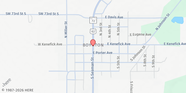Map showing Abundant Rain Ministries - Boynton at Hwy 62 on Seamen St, Boynton, OK