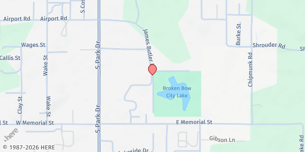 Map showing George A. Puckett Senior Citizens Center at 107 James Butler Dr., Broken Bow, OK