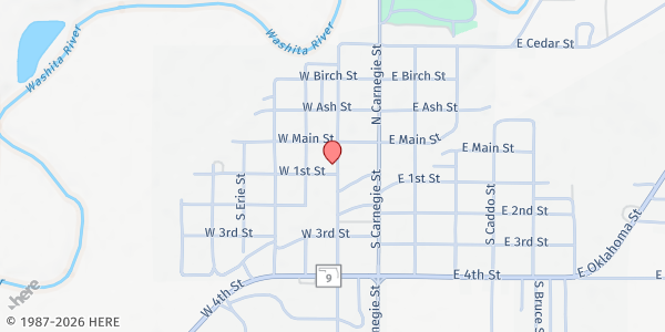 Map showing Carnegie Food Pantry at 20 S Broadway, Carnegie, OK