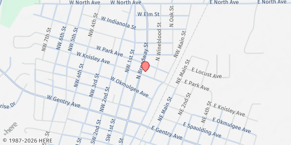 Map showing Abundant Rain Ministries - Checotah at 401 North Broadway, Checotah, OK