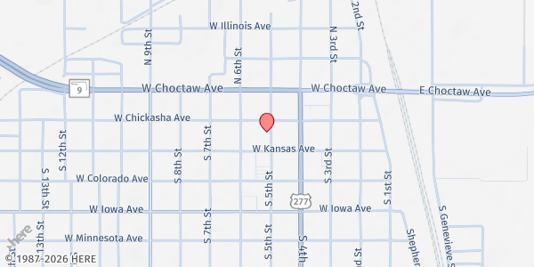 Map showing Southern Oaks Church of Christ Food Room at 112 S 5th, Chickasha, OK