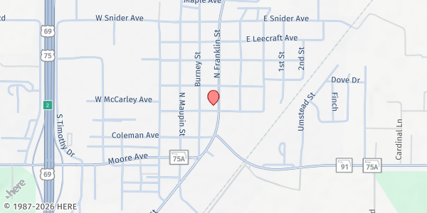 Map showing First Baptist Church at 307 N. Franklin St., Colbert, OK