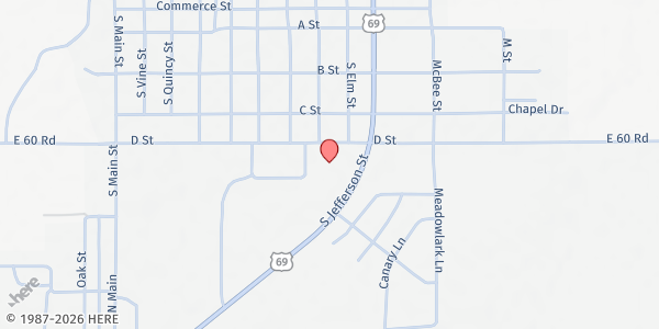 Map showing Commerce First Assembly of God at 600 S. Mickey Mantle Blvd., Commerce, OK