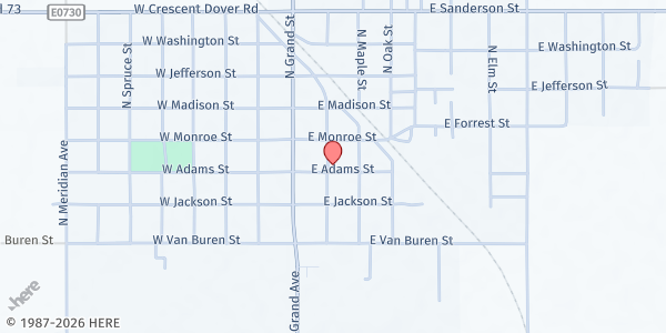 Map showing First Christian Church at 200 E Adams St, Crescent, OK