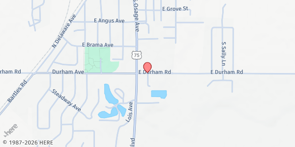 Map showing Bluestem Baptist Church - Storehouse of the Shepherd at 327 E. Durham Ave., Dewey, OK