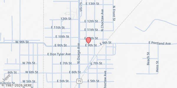 Map showing Dewey First Christian Church at 900 N Wyandotte Ave, Dewey, OK