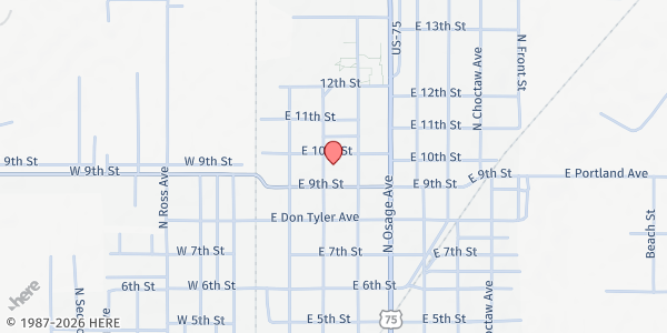 Map showing First Baptist Church of Dewey at 300 10th St, Dewey, OK