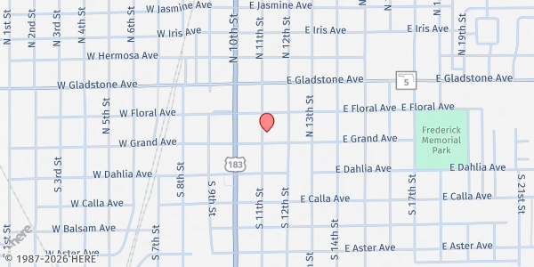 Map showing First Baptist Church at 201 E. Grand Ave., Frederick, OK