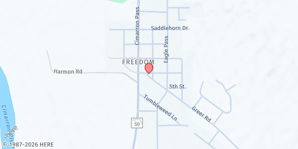 Map showing Freedom Food Pantry at 805 Cimarron Pass, Freedom, OK
