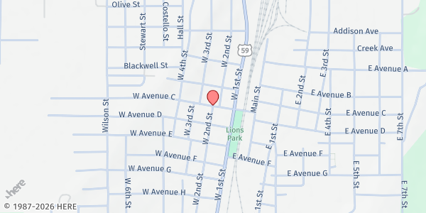 Map showing First Baptist Church Heavener at 202 W. Ave. C, Heavener, OK