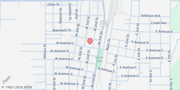 Map showing Heavener First Baptist Church at 202 W Ave "C", Heavener, OK