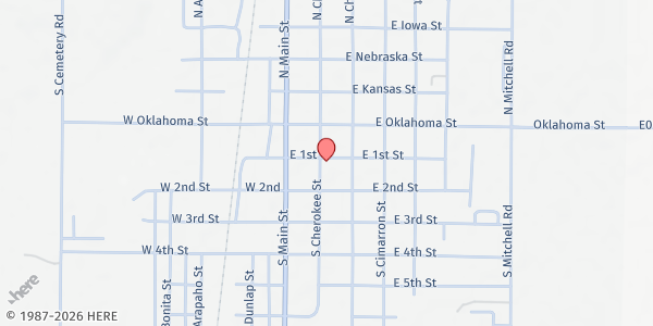 Map showing First UMC - Good Samaritan Ministries at 201 S. Cherokee St., Hennessey, OK