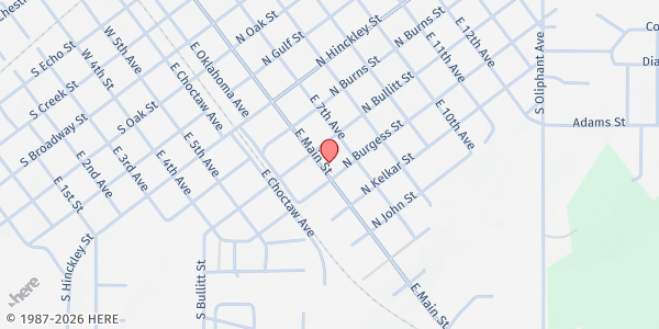 Map showing First Church of God at 624 E. Main St., Holdenville, OK