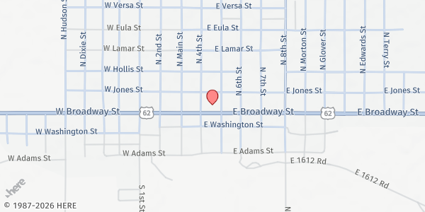 Map showing First Baptist Church of Hollis at 201 E Jones, Hollis, OK