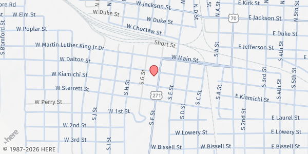 Map showing Compassion of Christ Ministries at 504 S. F. St., Hugo, OK