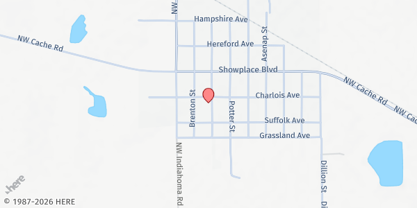 Map showing Indiahoma Community Food Bank at 407 Chebahtah, Indiahoma, OK