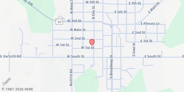 Map showing First UMC Konawa Community Food Pantry at 301 W. 1st St., Konawa, OK