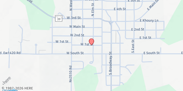 Map showing Konawa Community Food Pantry - Food Distribution Center at 305 W 1st St, Konawa, OK