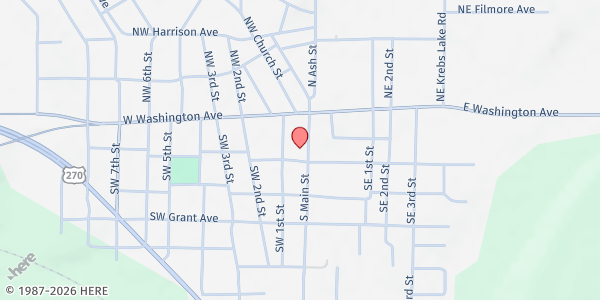 Map showing Gene Heathcock Community Center at 85 S Main St., Krebs, OK