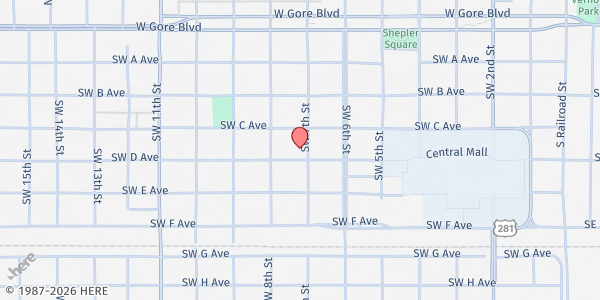 Map showing First Christian Church Lawton at 701 SW D Ave., Lawton, OK