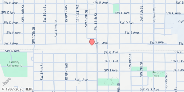 Map showing Hungry Hearts Feeding Ministry at 605 SW 11th St., Lawton, OK