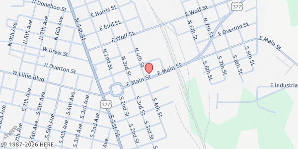 Map showing First Baptist Church Madill at 405 E Main St, Madill, OK
