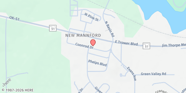 Map showing Mannford Food Pantry at 124 Coonrod Dr, Mannford, OK