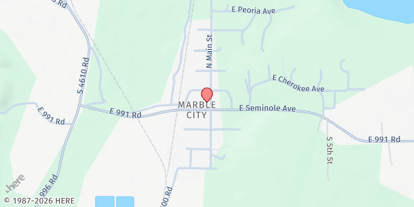 Map showing Marble City Community Pantry and Youth Services at 111 S. Main St, Marble City, OK