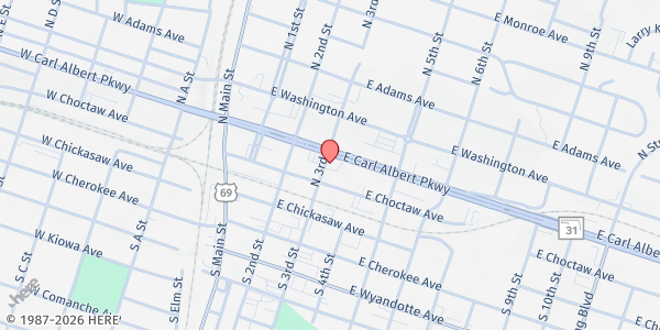 Map showing Apostolic Church of McAlester at 300 E. Carl Albert Pkwy., McAlester, OK