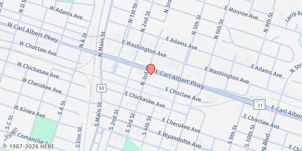 Map showing Apostolics of McAlester at 300 E Carl Albert Parkway, McAlester, OK