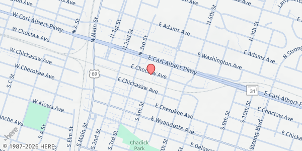 Map showing Catholic Charities / McAlester at 328 E Choctaw Ave, McAlester, OK