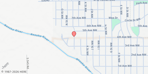 Map showing Abounding Faith Ministries at 410 M St. NW, Miami, OK