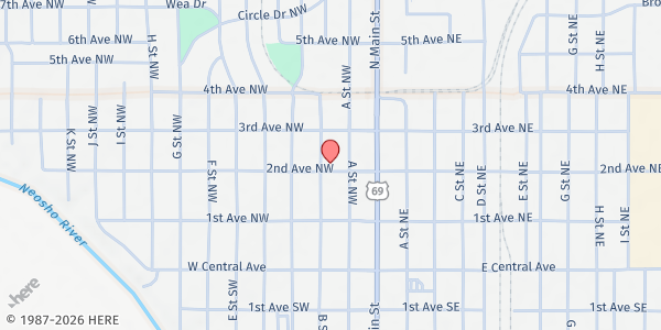 Map showing First UMC Miami at 200 B St. NW, Miami, OK