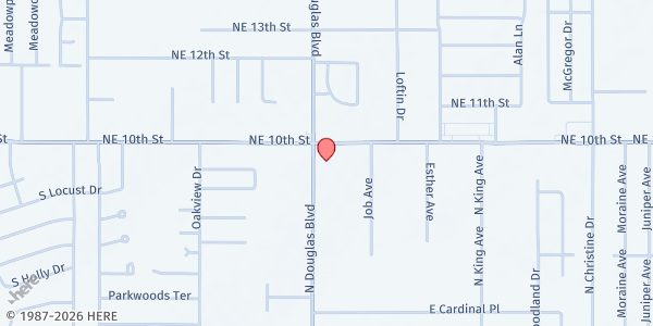Map showing Heavenly Smiles Outreach Ministries at 1024 N. Douglas Blvd., Midwest City, OK