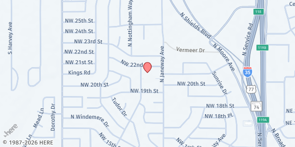 Map showing Regency Park Baptist Church at 2001 N Janeway Ave, Moore, OK