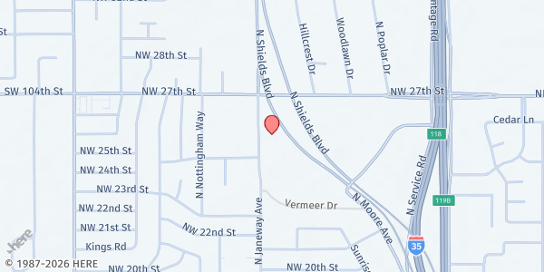 Map showing Regional Food Bank Food & Resource Center at 2635 N Shields, Moore, OK