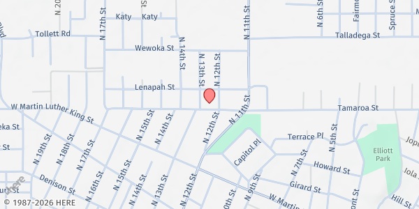 Map showing Faith Love Community Outreach at 1208 Tamaroa, Muskogee, OK