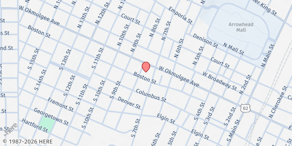 Map showing First Baptist Church at 111 S. 7th St., Muskogee, OK