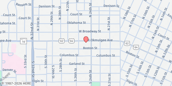 Map showing Freedom Ministries of Muskogee at 2411 W. Okmulgee, Muskogee, OK