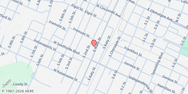 Map showing Joseph's Storehouse at 615 South Main Street, Muskogee, OK