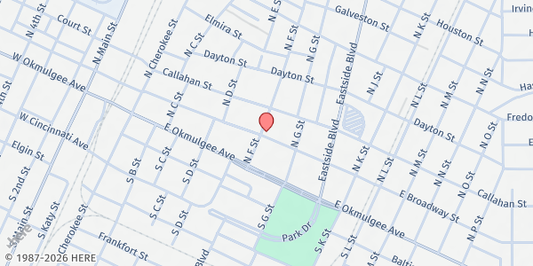 Map showing MCM Community Food Pantry at 600 E. Broadway, Muskogee, OK