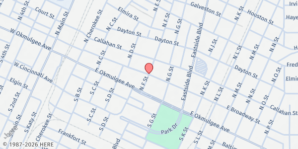 Map showing Muskogee Community Food Pantry at 601 E. Broadway St., Muskogee, OK